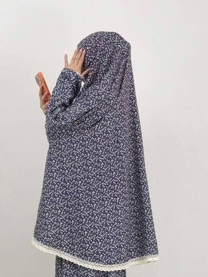 2pcs Set: Khimar + Abaya Floral Print Muslim Prayer Outfit, Pullover Long Robe Abaya Paired With Matching Printed Hijab Headscarf, Casual Outdoor Essential Fashion Item, Women's Abaya Robe, Muslim Hijab Dress