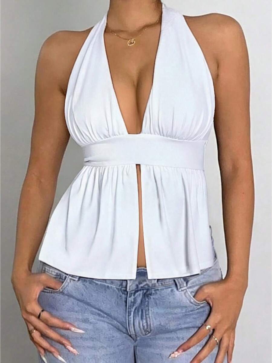 Womens Open Back Halter Tops Summer Fashionable Solid Color Split Front Going Out Vest - White - View 1