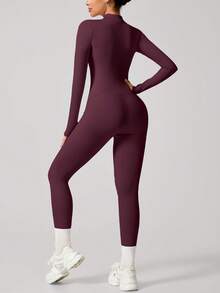 Women Seamless Front Zipper Long Sleeve Ski Jumpsuit, Tight-Fitting Activewear For Fitness Training,Stretchy Shapewear - Burgundy - View 2