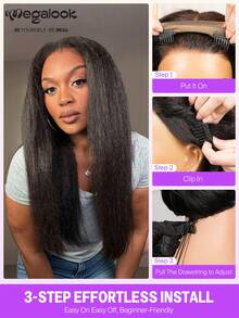 MEGALOOK 一体式3D蕾丝半假发，无需胶水，Yaki直发，100%真人发丝，带抽绳，预剪蕾丝，无需胶水，隐形结，预拔毛，自然发际线，16-24英寸巴西原生发，新手友好 - 透气安全，双层3D帽，全天舒适，适合日常佩戴，可用于办公室、派对、Y2K酷炫风、度假、户外活动、周日最佳cosplay、校园、学校假期、圣诞节派对、返校、婚礼、万圣节、节日、约会之夜等场合，打造迷人造型。 - Natural Black - 查看 4