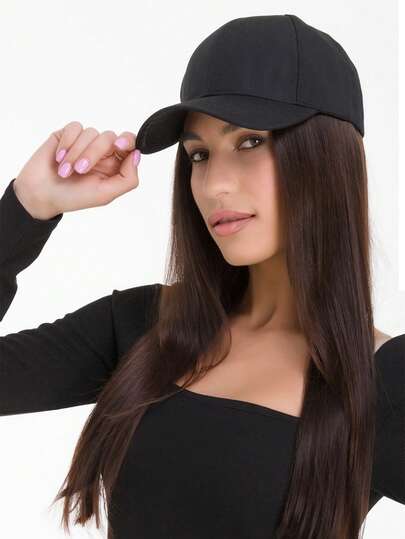 Synthetic Long Straight Wig Baseball Cap With Hair Hairpiece Black Cap Hat 24inch Smooth Natural Black Hair Extensions For Women Girls Hat Wig Daily Use Party Halloween Hat Wigs
