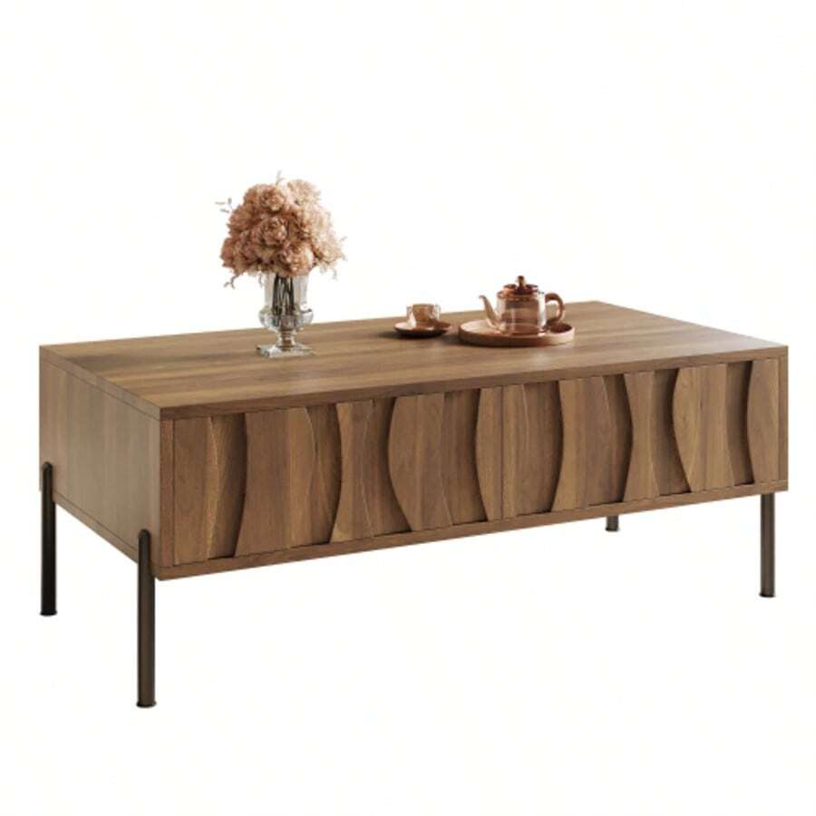 Modern Retro-Style Coffee Table, Living Room Furniture. Dimensions: 105 Cm (Length) X 55 Cm (Width) X 41 Cm (Height). - Khaki - View 1