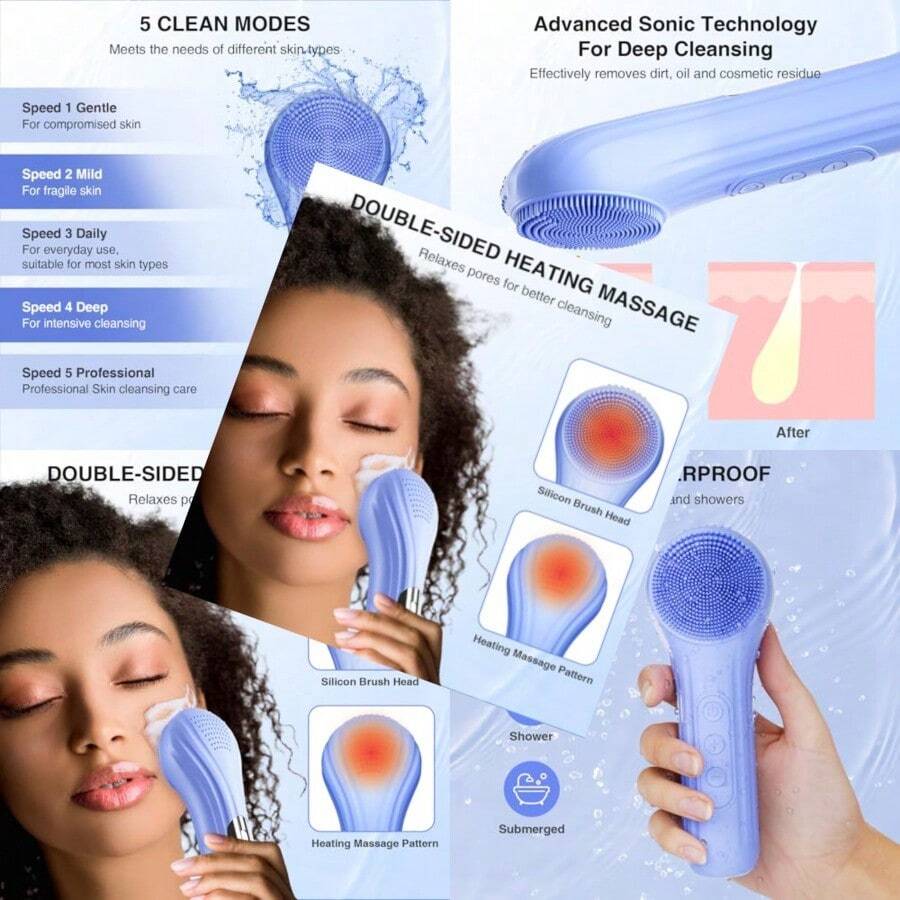 5 Modes Silicone Face Scrubber Waterproof Face Scrubber Exfoliator For Men And Women Rechargeable Electric Facial Cleansing Brush For Deep Cleansing Exfoliating Massage Blue - 藍色 - 查看 1