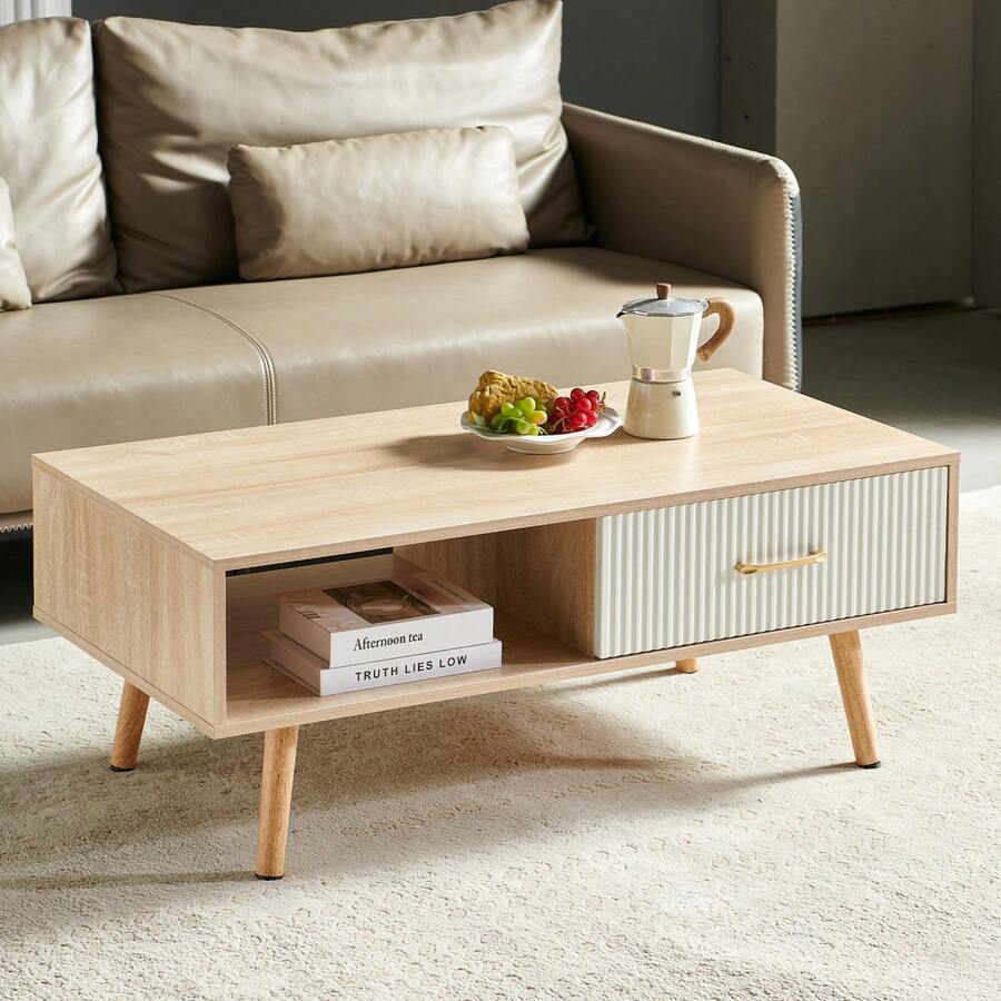 Rectangle Coffee Table / Modern Coffee Table For Living Room / With Solid Wood Legs / Sliding Drawer For Storage / Suitable For Bedrooms, Rooms, And Small Spaces - Natural Wood - View 1