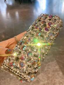 1 pieza Estuche rígido decorado con rhinestones para guardar gafas de sol/gafas, organizador de lujo brillante para brochas de maquillaje y lápices labiales, estuche protector portátil para viajes, regalo creativo - Multicolor - Ver 8