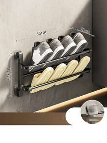 Wall-Mounted Shoe Rack, No Drilling Required, Double-Layer Bathroom/Toilet Shoe Storage Rack With Drainage Function, Space-Saving Folding Design - Black - View 11