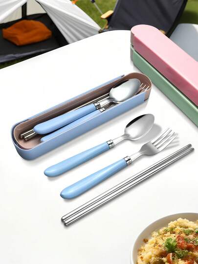 4pcs Travel Tableware With Storage Box, Reusable Tableware Set (With Box), Portable Cutlery Set, Stainless Steel Travel Tableware Set-Including Forks, Spoons And Chopsticks And Storage Boxes, Light And Easy To Carry, Durable, Easy To Clean, Suitable For Picnics, Camping, Work, Students, Outdoor Parties And Daily Use, Camping Tableware,Back-To-School Supplies