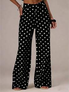 Womens Retro Polka Dot High Waist Pants, Wide Leg Trousers With Belt Loops, Casual Daily Outfit, Multiple Colors Available - 黑色 - 查看 1