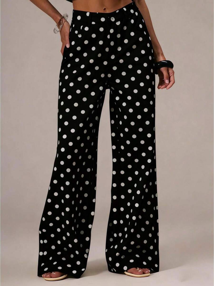 Womens Retro Polka Dot High Waist Pants, Wide Leg Trousers With Belt Loops, Casual Daily Outfit, Multiple Colors Available - 黑色 - 查看 1