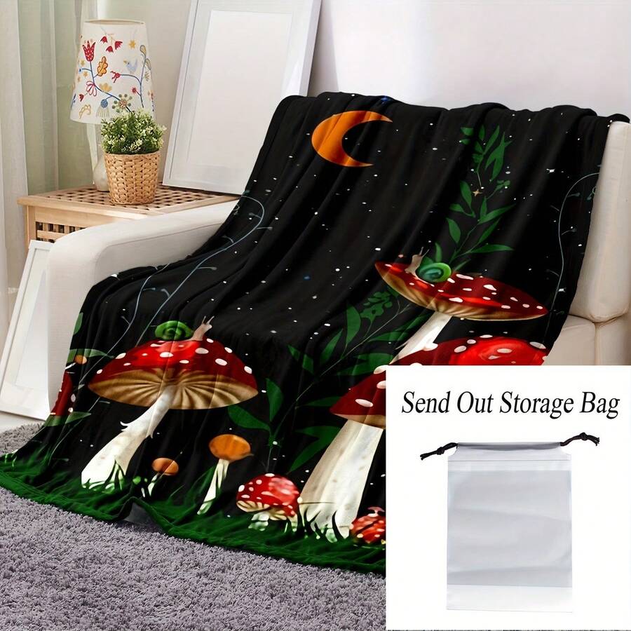 1pc Cozy Mushroom Snail Flannel Blanket - Soft, Warm, Comfortable, And Lightweight For Sofa, Travel, Camping, Living Room, Office, And Bed - Perfect Gift For Home Comfort - 黑與白 - 查看 1