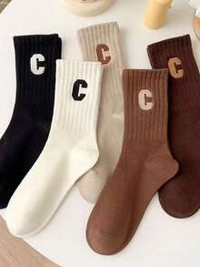 5 pares de medias de mujer de unicolor negro/blanco/marrón/gris/beige/transparente - Diseño con logotipo C, estilo de leggings con mordedura de tiburón, gruesas y cálidas para el invierno, adecuadas para vestidos largos, pantalones y leggings - Lavables a máquina, múltiples opciones de color - Estética minimalista, textura suave - Multicolor - Ver 1