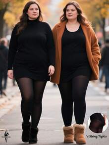 120D V-String Tights, Women Plus Size Black Pantyhose, Sheer, Versatile & Fashionable, Stretchy, Suitable For Spring/Summer, Valentine's Day Outfit, Stylish, Comfortable