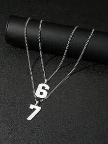 2件套简约镂空不锈钢阿拉伯数字67吊坠项链套装，配不锈钢链，时尚男士礼物，日常佩戴 - 不銹鋼數位項鍊套裝 - 查看 4