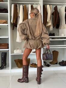 Women's Solid Color Spring/Autumn New Jacket Two Pieces Set: Jacket + Pants - Light Khaki - View 2