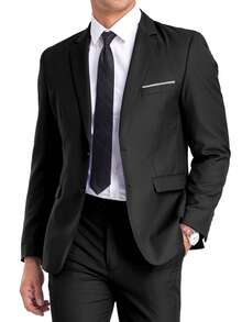2pcs Men's Elegant Solid Color Single-Breasted Long Sleeve Slim Fit Suit Set With Tie, Suitable For Party, Wedding, Commute, Business, Evening, Old Money Style, Black, Size XS-XXXL - Black - View 7