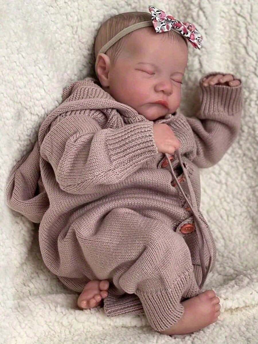 48cm Lifelike Reborn Sleeping Baby Doll, 3D Painted Skin And Vein Texture, 19 Inch Realistic Soft Vinyl Newborn Cute Children Art Collectible (Some Accessories Included Randomly, Such As Pacifier, Bottle, Diaper, Hat And One Set Of Clothes) - Khaki - View 1