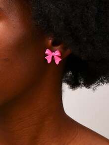1 Pair Fashion Enameled Lotus Pink Bow Earrings, Suitable For Wedding Season/Valentine's Day - Hot Pink - View 2