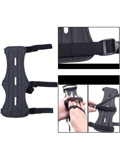 Justerbart svart armskydd för bågskytte - slitstarkt PU-material, bekväm passform, med säkerhetsrem, skyddar effektivt underarmen, perfekt för jakt och skytteövning, bågskyttetillbehör