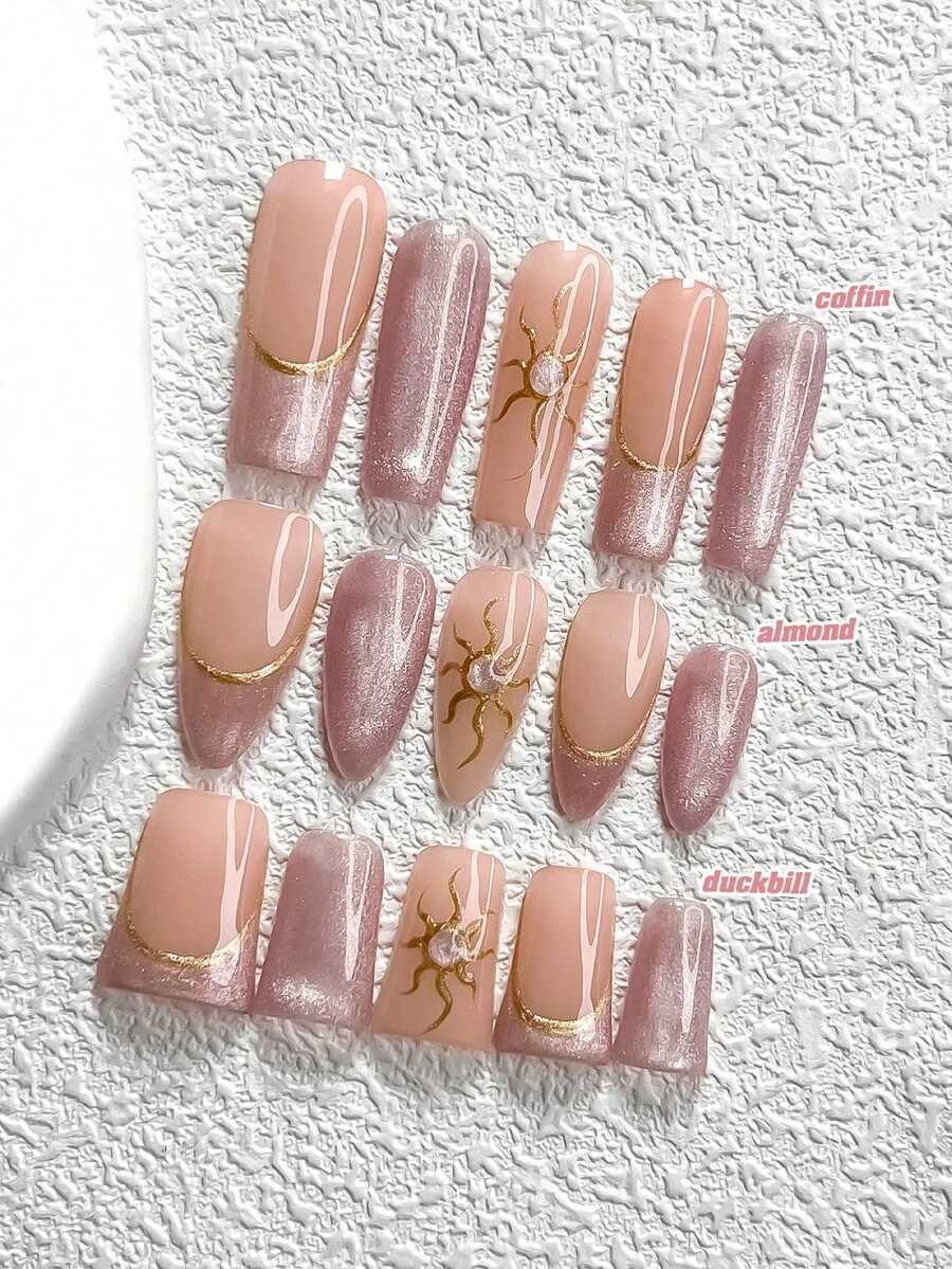 10pcs Shiny Nail Stickers, Medium-Long Almond Shape Nail Stickers, Square Nails, Duck Mouth Nails, French Fake Nails, Hand-Painted Sun Nail Accessories, Cat Eye Gel Nails, Deep Purple Nail Polish, Steady & Elegant, Includes Tool Kit (1pc Jelly Sticker + 1pc Nail File), Suitable For Women & Girls, Important Occasions, Party Nail Supplies - 彩色 - 查看 1
