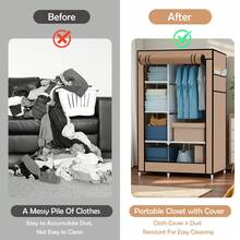 Portable Large Canvas Wardrobe With Hanging Rail Shelving Fabric Clothes Storage Cupboard Clothing Rack - Apricot - View 6