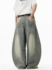 1件 Justice Brother 男士休闲宽松破洞阔腿牛仔裤，日系风格，百搭 - 水鴨藍 - 查看 6