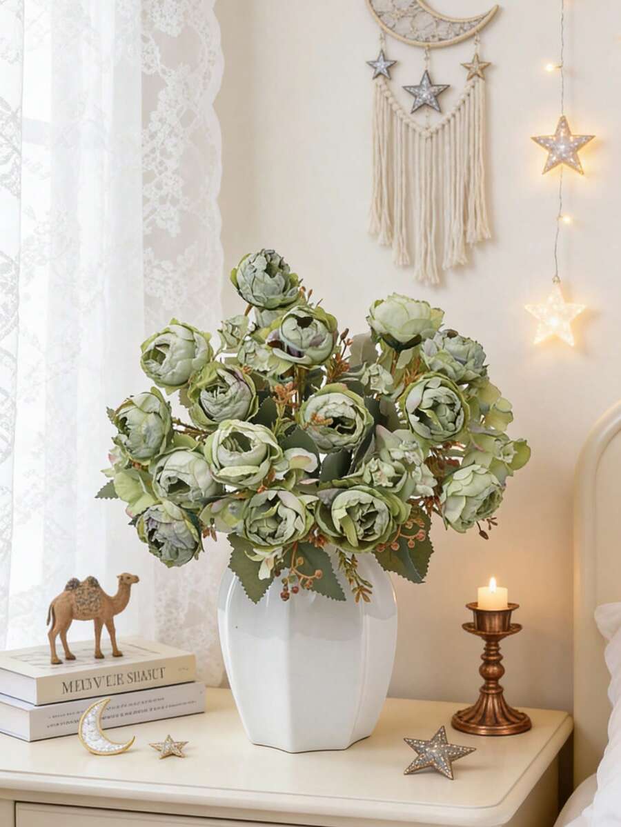 1/80pcs 11.8 Inch Artificial Peony Flowers, Fake Flowers, Floral Decor For Brunch, Wedding Bouquet, Party, Home, Kitchen, Garden, Hotel, Office, DIY Wreath, Gift, Tabletop Centerpiece, Birthday Decoration, Indoor/Outdoor, Bulk Fake Plastic Flowers For Vase, Farmhouse Decor, Boho Wedding - Green - View 1
