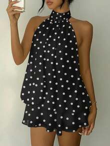 复古波点露背吊带裙，休闲夏季时尚女装宽松无袖雪纺迷你裙，度假风，夏季甜美波点A字连衣裙，修身剪裁，清新优雅派对连衣裙，女士夏季连衣裙，甜美波点连衣裙，婚礼黑色春季连衣裙 - 黑色 - 查看 6