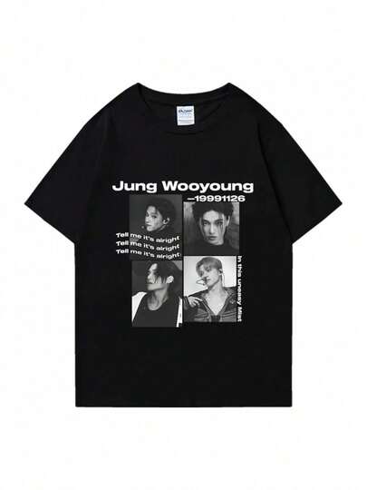 2024 Kpop Wooyoung Camiseta Gráfica Negra para Hombres y Mujeres Moda Oversized de Manga Corta Unisex Verano 100% Algodón Camisetas