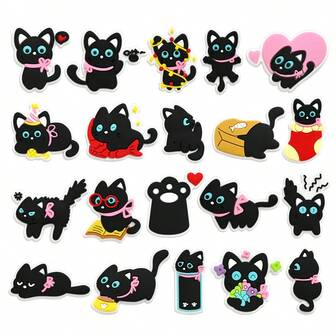 12/20PCS Cute Black Cat Series Shoe Charms Set, PVC Shoe Decorations For Beach Bag, Shoe Accessories Charms, Gift Idea For Birthday Christmas Valentine's Day Halloween Party Favors