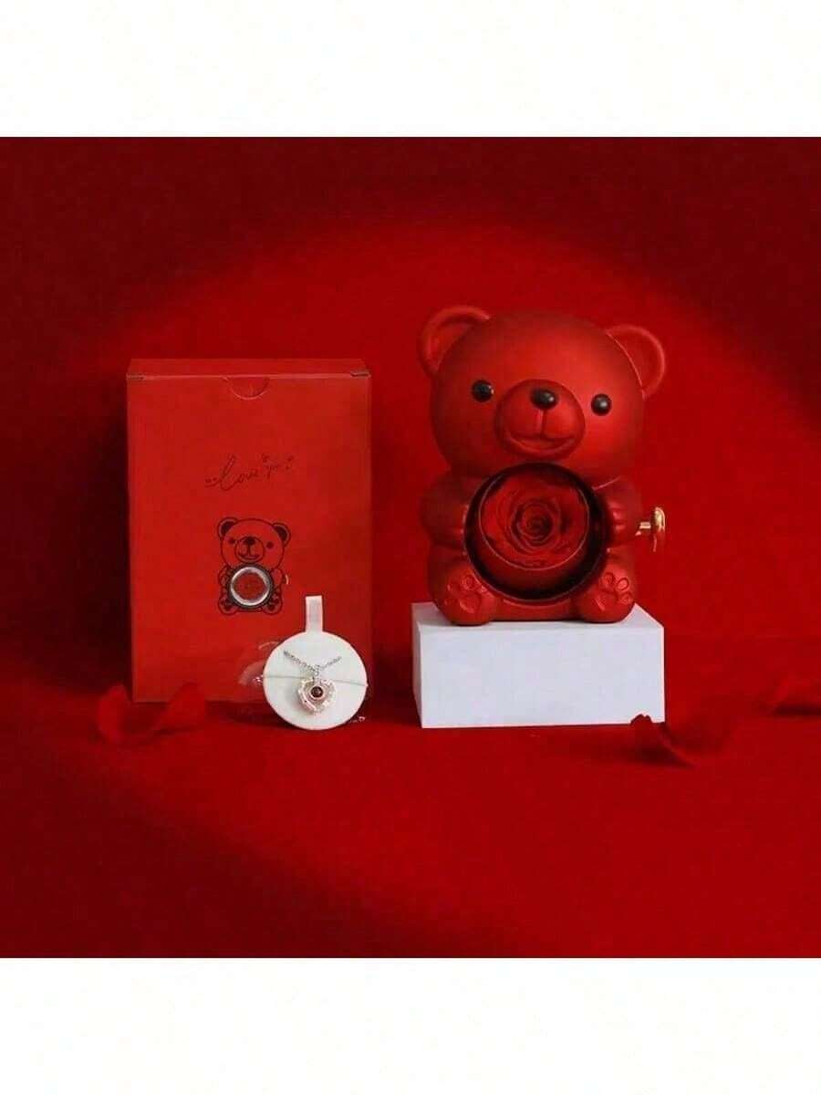 1PC Valentine's Day Rose Hugging Bear Gift Box Creative Rotating Rose Jewelry Box Red Soap Flower Gift Box Necklace Storage Ring Women's Gift Box (Jewelry Not Included) - Multicolor - View 1