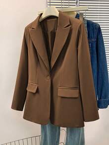 Áo blazer nữ màu trơn cổ bẻ, thiết kế túi trước cài cúc, tay dài, phù hợp mặc công sở và thường ngày, thích hợp cho mùa thu, đông và xuân. - Cà phê nâu - Xem 4