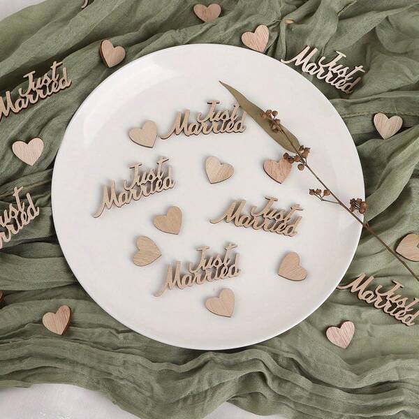 60pcs/Set Just Married Wooden Confetti Hearts - Elegant Wedding Table Decoration For Bridal Showers, Engagements, And Birthday Parties, Featuring Floral Accents And Pastel Pink Tulle, Wedding Decorations