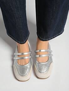 新款春秋季英伦风低帮芭蕾平底系带休闲玛丽珍鞋 - 銀色 - 查看 4