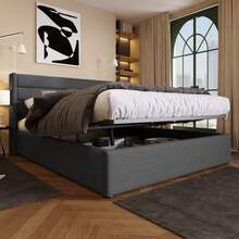 Storage Bed, Upholstered Bed, Hydraulic Double Bed 140x200cm, Wooden Slatted Base, Bed With Metal Slatted Base, Linen, Grey - Grey - View 4