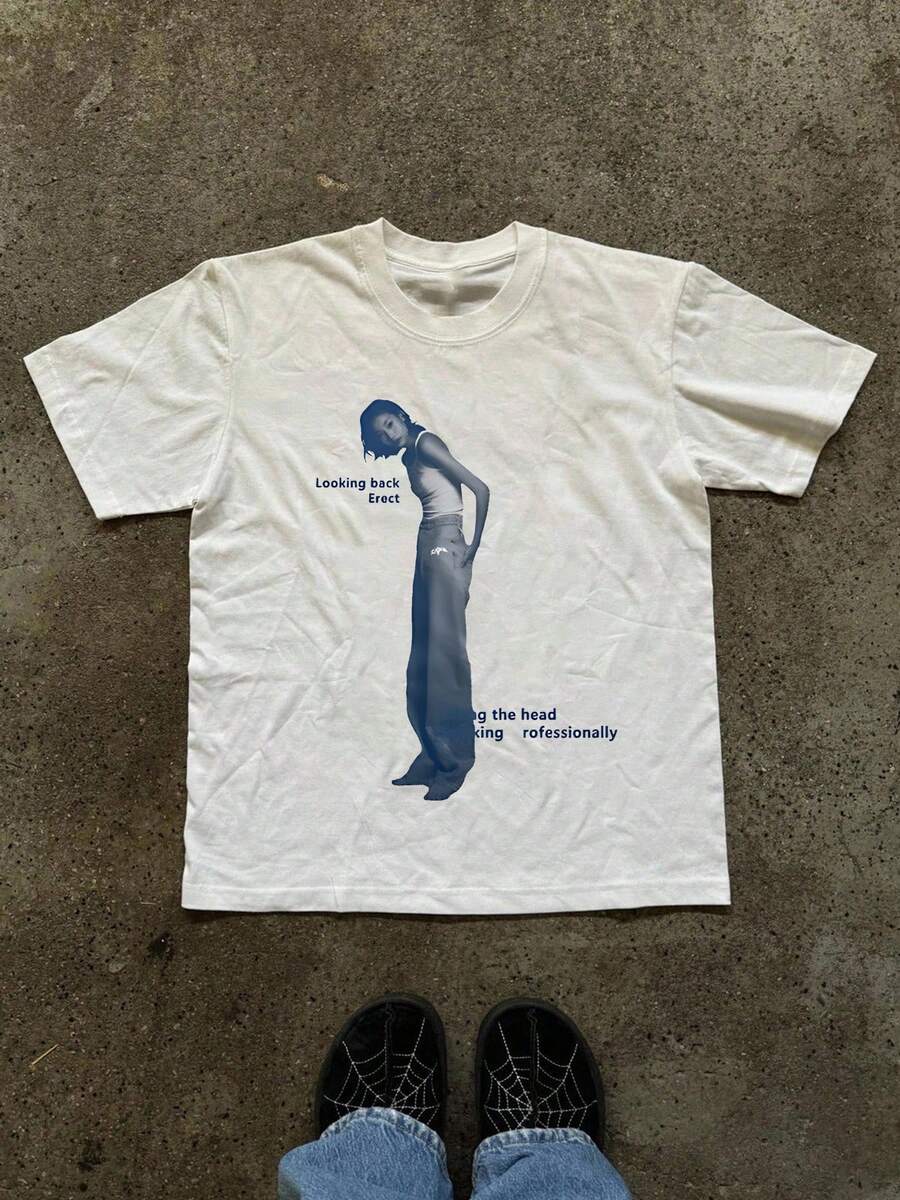 Stylish Minimalist Chic Silhouette Graphic Print Fashion T-Shirt,Comfortable Casual Short Sleeve, 220 Grams Heavyweight Cotton Printed White Vintage T Shirts - White - View 1