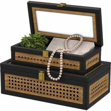 Rattan Decorative Box,Boho Display Boxes With Lids,Set Of 2 Rectangular Wicker Storage Decoration,Natural Woven Cane Bins For Home Decor For Rustic Farmhouse(Natural) - Khâu kaki màu đen - Xem 1