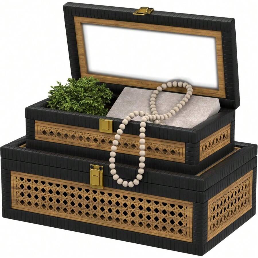 Rattan Decorative Box,Boho Display Boxes With Lids,Set Of 2 Rectangular Wicker Storage Decoration,Natural Woven Cane Bins For Home Decor For Rustic Farmhouse(Natural) - Khâu kaki màu đen - Xem 1