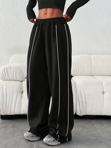 Pantalones de chándal sueltos y casuales de unicolor con cintura elástica, para invierno - Blanco y Negro - Ver 3