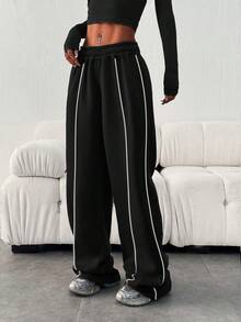 Pantalones de chándal sueltos y casuales de unicolor con cintura elástica, para invierno - Blanco y Negro - Ver 4