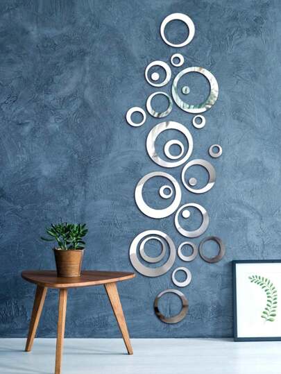 24片/套银色圆形镜面墙贴，适用于家居装饰、墙面装饰、派对装饰、主题派对、节日庆典