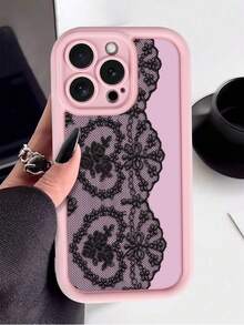 1pc "Lace" Pink Base Lace Pattern Design Phone Case | New High-End Groove Skin Feel Thick Anti-Drop Protective Cover - Compatible With IPhone 17/11/16pro/16plus/16promax/16e/15Promax, S24/S23/A54/53/A55 - Minimalist, Suitable For Daily Use And Gifting To Friends - Pink - View 5