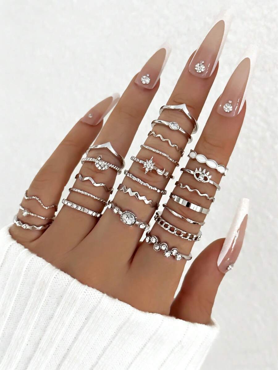 23Pcs Vintage Cross Butterfly Pearl Geometric Hollow Rings For Women Fashion Heart Rings Set Wedding Party Festival Jewelry Gifts - Silver - View 1