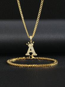 2pcs/Set Classic Gold Stainless Steel Cubic Zirconia Letter Pendant Necklace & Bracelet Jewelry Set, Street Fashion Accessories For Kids - Gold - View 2