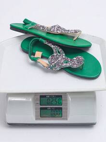 大码 35-45 时尚圆头女士平底凉鞋,夏季露趾锈棕色水钻人字拖轻便女士凉鞋 - 綠色-紫鑽 - 查看 9