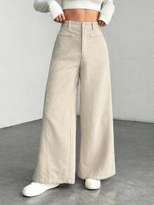 Women's Solid Color Front Button Casual Wide Leg Pants, Suitable For Daily Wear - Apricot - View 5