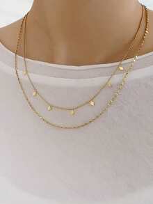 Nooxian 1pc Stainless Steel Silver Double Layer Multi-Rhombus Tassel Shiny Petal Chain Necklace, Women's Necklace For Vacation Wear (Pendant Quantity Random) - Yellow Gold - View 8