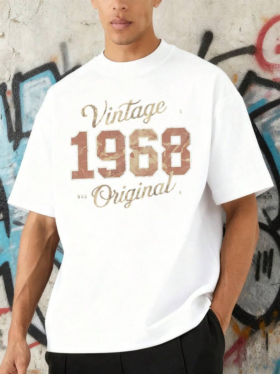 Vintage Text With The Number 1968 In A Retro Style Evoking Nostalgia And Authenticity Of A Classic Era, Ideal For Lovers Of Originality. Men's T-Shirt, 100% Cotton, Comfortable And Durable, Suitable For Daily Wear And Casual Occasions. - 白色 - 查看 1
