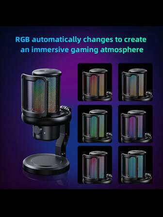 1 pieza Micrófono de condensador RGB con reducción de ruido - Perfecto para doblaje de computadora, transmisión en vivo y juegos! Micrófono de condensador USB para grabación de computadora, transmisión en vivo de teléfonos, karaoke, reducción de ruido, juegos y iluminación RGB