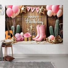 1 pieza Tela de fondo con diseño de tema de vaquero occidental con globos rosas, botas rosas, cactus y sombrero, adecuado para decoración de vacaciones, patio, jardín, sala de estar, fondos de fotografía, decoración de fiestas, duchas nupciales, bodas, aniversarios