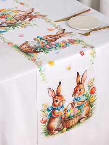 1 pieza Lindo Conejito Camino de Mesa de Pascua, con Diseño de Canasta de Pascua con Conejito, 35*180cm Estilo Granja de Poliéster Camino de Mesa de Pascua, Decoración del Hogar de Pascua 2026, Decoración de Mesa de Cocina y Comedor, Decoración Festiva de Primavera - Multicolor - Ver 3